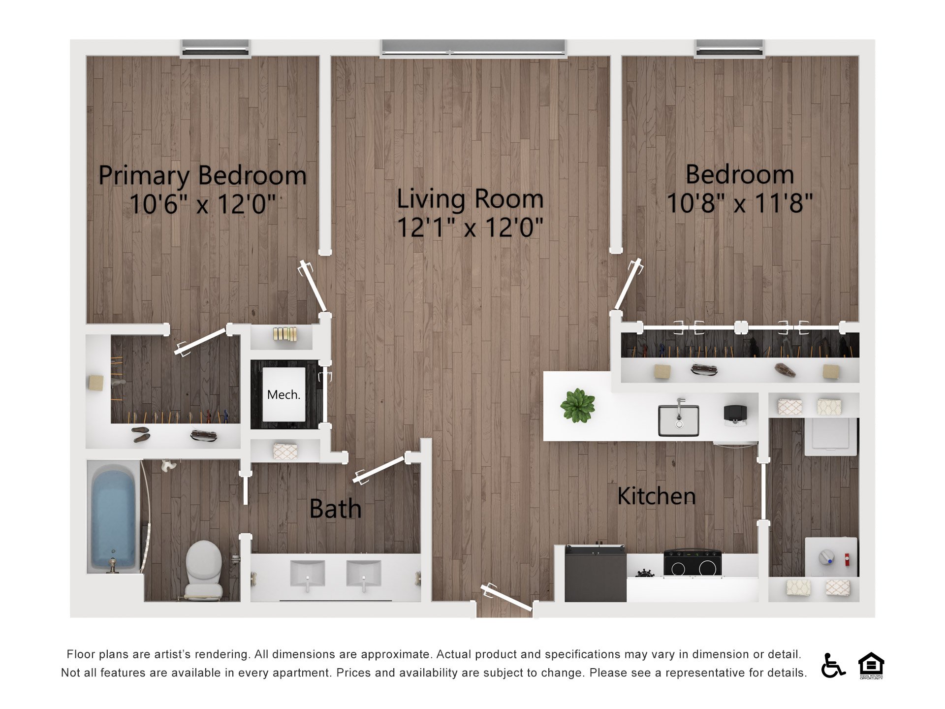 Floor plan for 2 beds, 1 bath, 840 sqft
